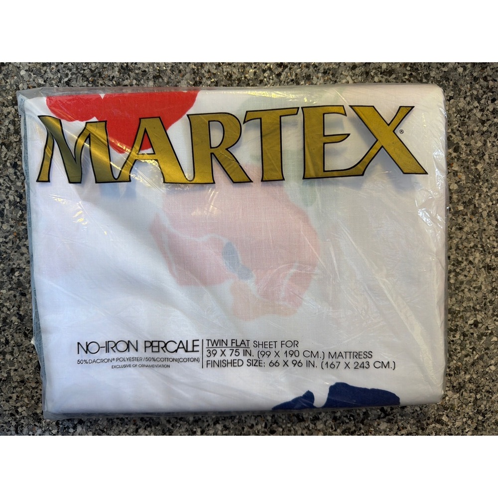 Vintage Martex Cut Flowers Twin Flat Sheet No Iron Percale Floral White NOS